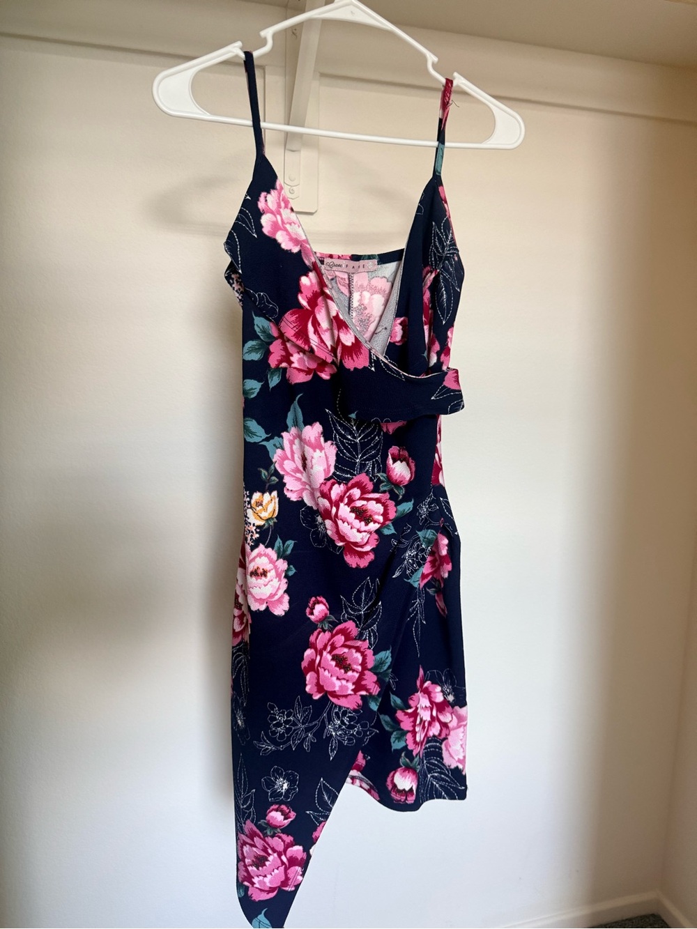 Crave Fame Navy Floral Wrap Mini Dress with Pink Blooms